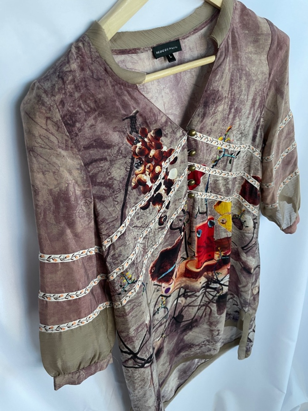 Rebecca By Lily Silk Artistic Mauve and Tan Painted Dress/Tunic NWOT Size L